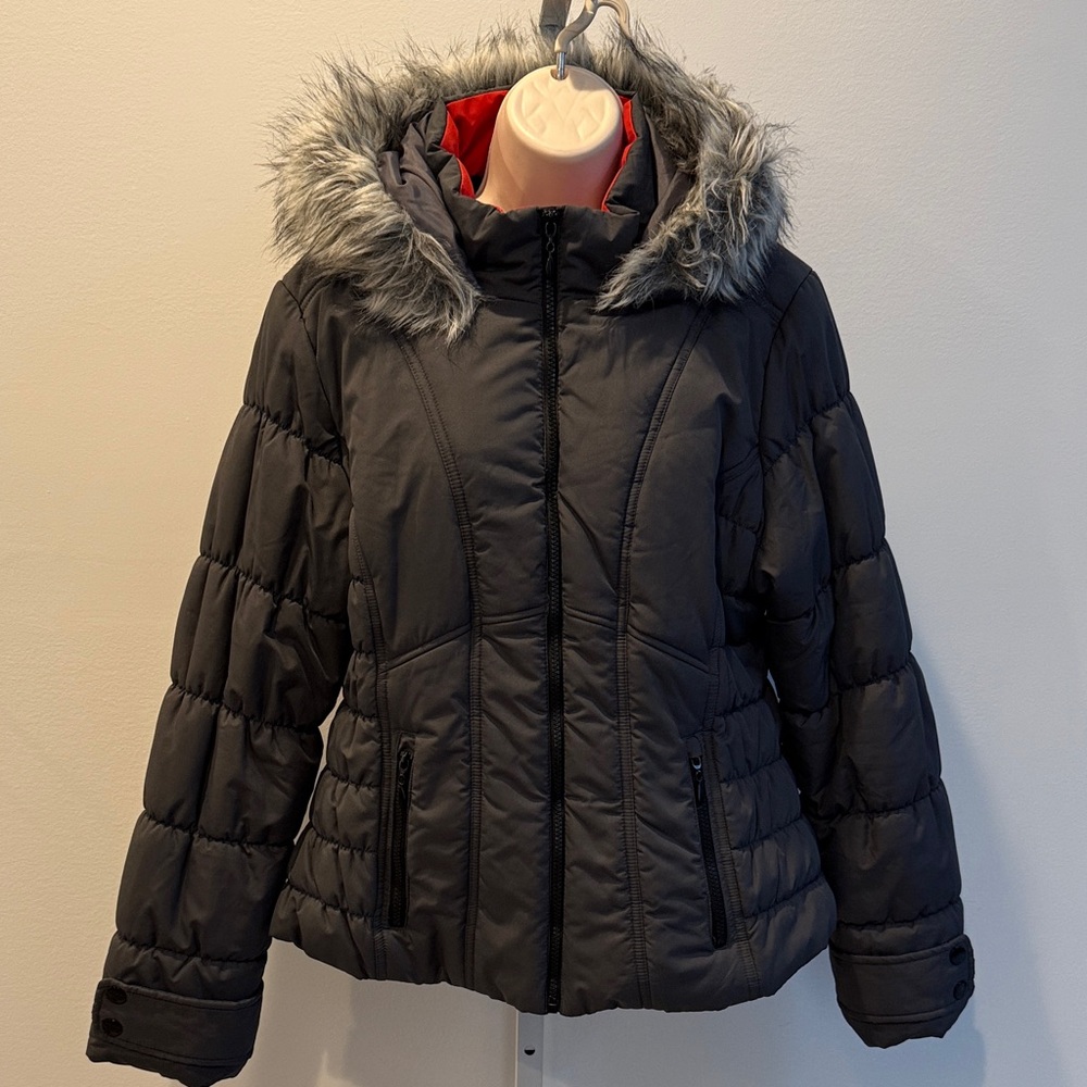 Maralyn & Me Charcoal Puffer Jacket XL Faux Fur Hoodie